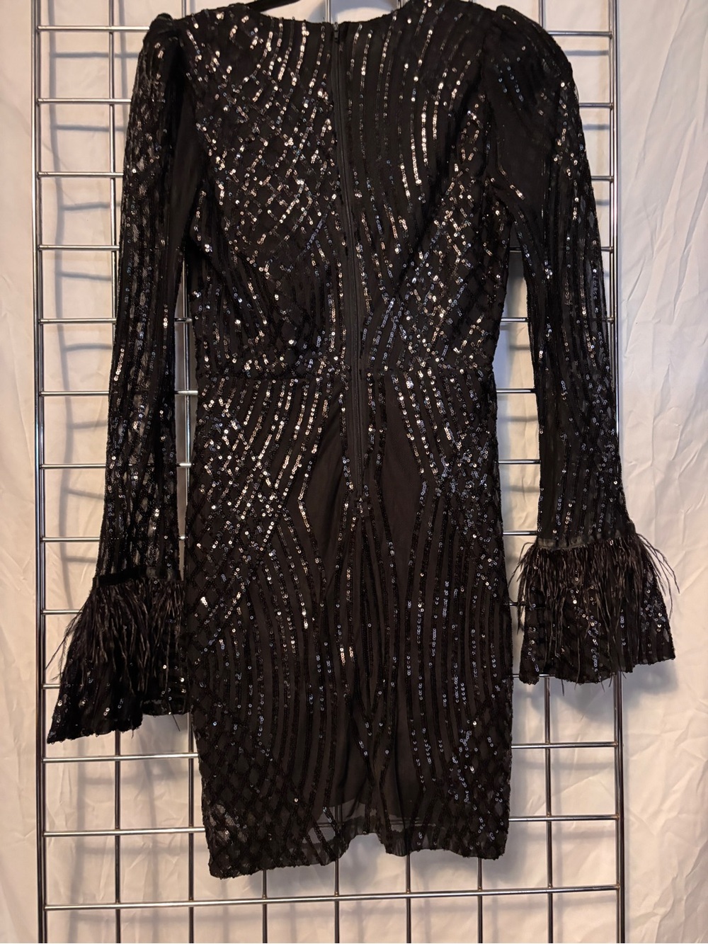 Black Sequin Long-Sleeve Mini Dress with Feather Cuffs by Windsor